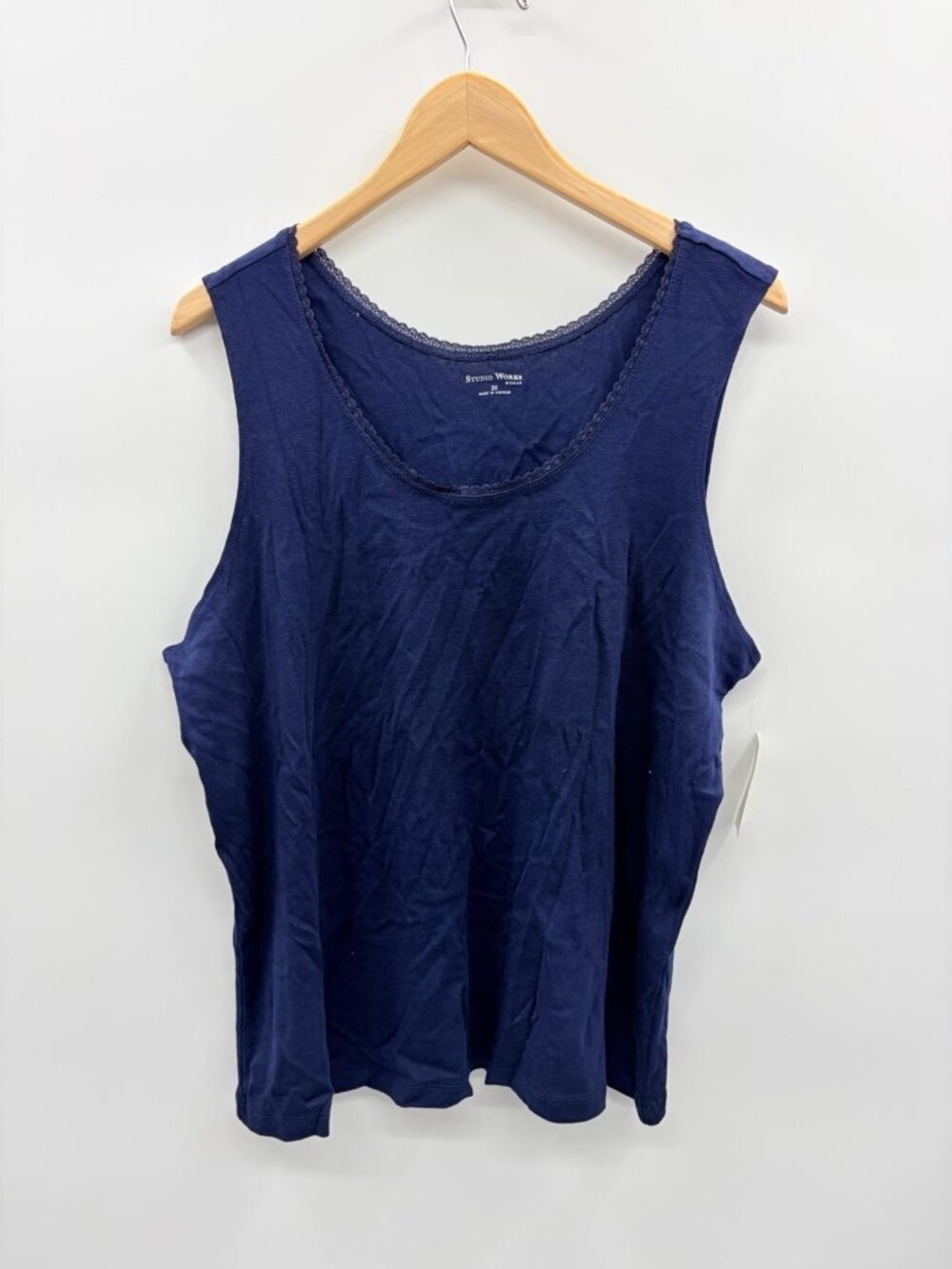 Studio Works Womens Plus Size 2X‎ Scoop Neck Lace Trim Cotton Tank Top Blue 1921